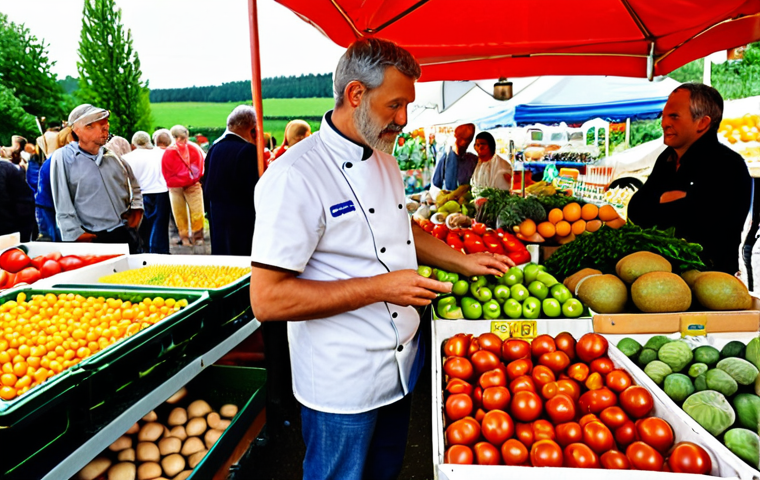 **Prompt:** A vibrant farmer's market scene in Germany, overflowing with fresh, seasonal produce. Focus on ripe tomatoes, colorful vegetables, and herbs. In the background, a chef and an individual are discussing ingredients with a local farmer, emphasizing sustainability and regional sourcing. The overall atmosphere should be bright and inviting, showcasing the quality and freshness of the local ingredients.