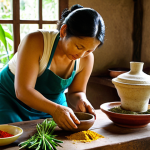 A warm, intimate scene in a traditional Thai village kitchen. A Caucasian female chef, in her 30s, is kneeling beside an elderly Thai woman, attentively observing her hands as she grinds fresh curry paste with a mortar and pestle. The setting is rustic with natural light filtering through, highlighting vibrant green herbs, red chilies, and various spices on a wooden table. The expression on both faces is one of shared wisdom and deep cultural connection, emphasizing empathy and intergenerational learning. The atmosphere is authentic, humble, and full of history.
