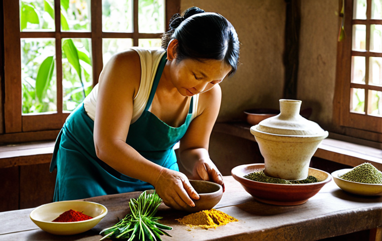 A warm, intimate scene in a traditional Thai village kitchen. A Caucasian female chef, in her 30s, is kneeling beside an elderly Thai woman, attentively observing her hands as she grinds fresh curry paste with a mortar and pestle. The setting is rustic with natural light filtering through, highlighting vibrant green herbs, red chilies, and various spices on a wooden table. The expression on both faces is one of shared wisdom and deep cultural connection, emphasizing empathy and intergenerational learning. The atmosphere is authentic, humble, and full of history.