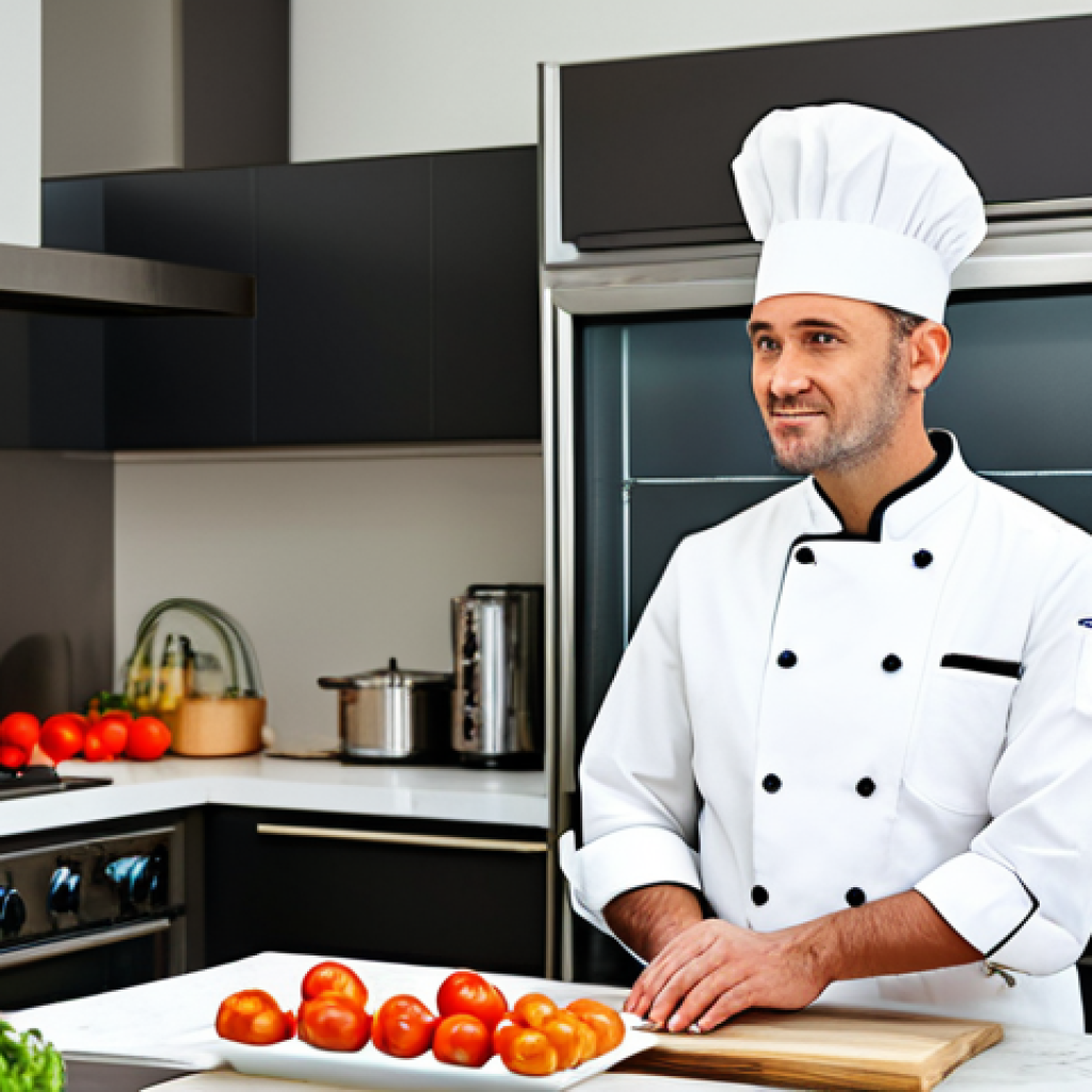 Modern Kitchen Scene**

"A professional chef in a fully clothed, modest chef's uniform, working in a bright, modern kitchen with stainless steel appliances. The kitchen features seasonal, regional ingredients displayed on a counter. Safe for work, appropriate content, perfect anatomy, natural proportions, professional food photography, high quality."

**