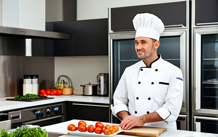 Modern Kitchen Scene**

"A professional chef in a fully clothed, modest chef's uniform, working in a bright, modern kitchen with stainless steel appliances. The kitchen features seasonal, regional ingredients displayed on a counter. Safe for work, appropriate content, perfect anatomy, natural proportions, professional food photography, high quality."

**