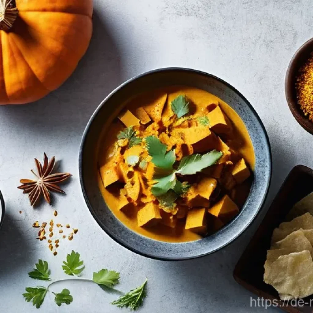 다문화 요리사와 제철 재료 활용법 - **Indian-Spiced Hokkaido Pumpkin Curry**: A vibrant overhead shot of a steaming Indian-inspired curr...