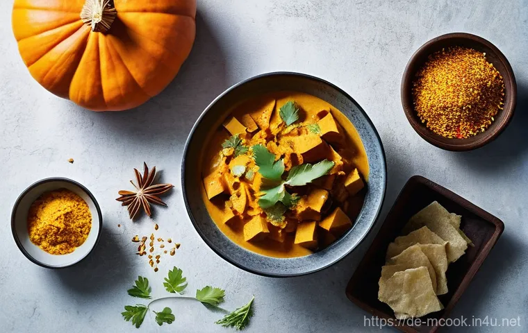 다문화 요리사와 제철 재료 활용법 - **Indian-Spiced Hokkaido Pumpkin Curry**: A vibrant overhead shot of a steaming Indian-inspired curr...