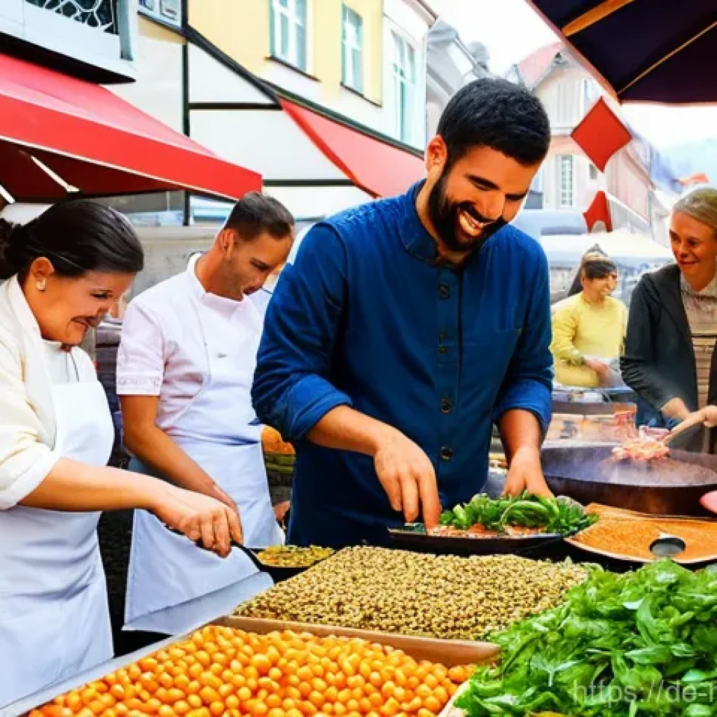 다문화 요리사와 식음료 페어링 - **A Vibrant Culinary Fusion Scene in a German City Market:**
    Imagine a lively and bustling outdo...