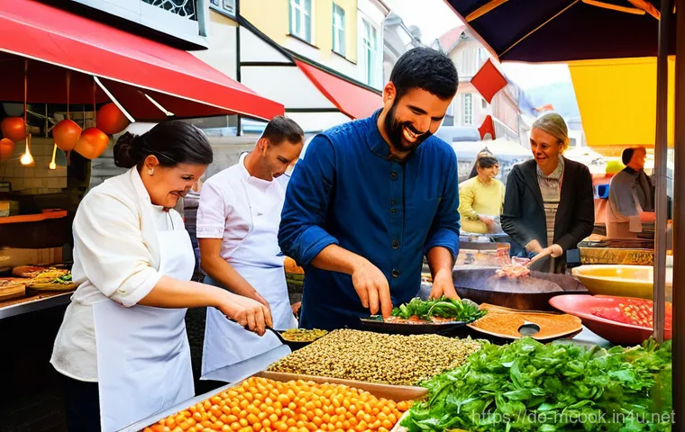 다문화 요리사와 식음료 페어링 - **A Vibrant Culinary Fusion Scene in a German City Market:**
    Imagine a lively and bustling outdo...