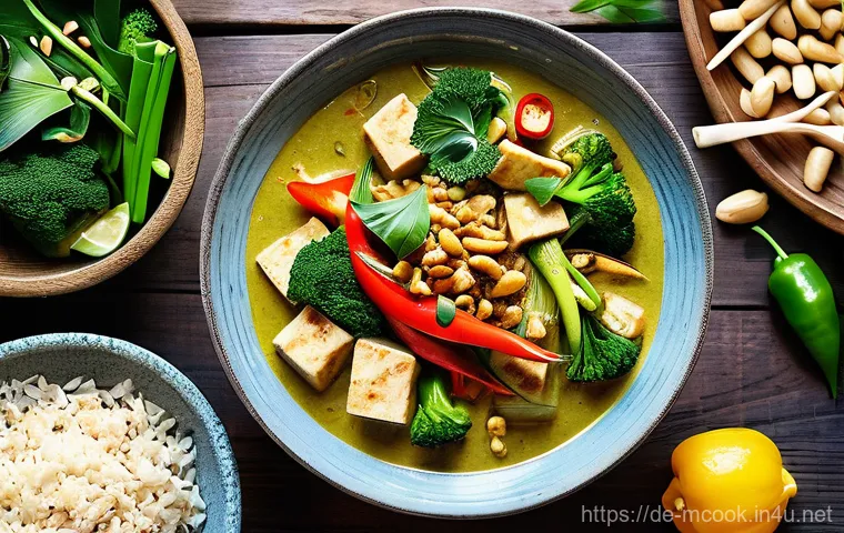 다문화 요리사와 플랜트 기반 요리 - **Vibrant Plant-Based Thai Curry Feast**
    A beautifully arranged overhead shot of a large, steami...