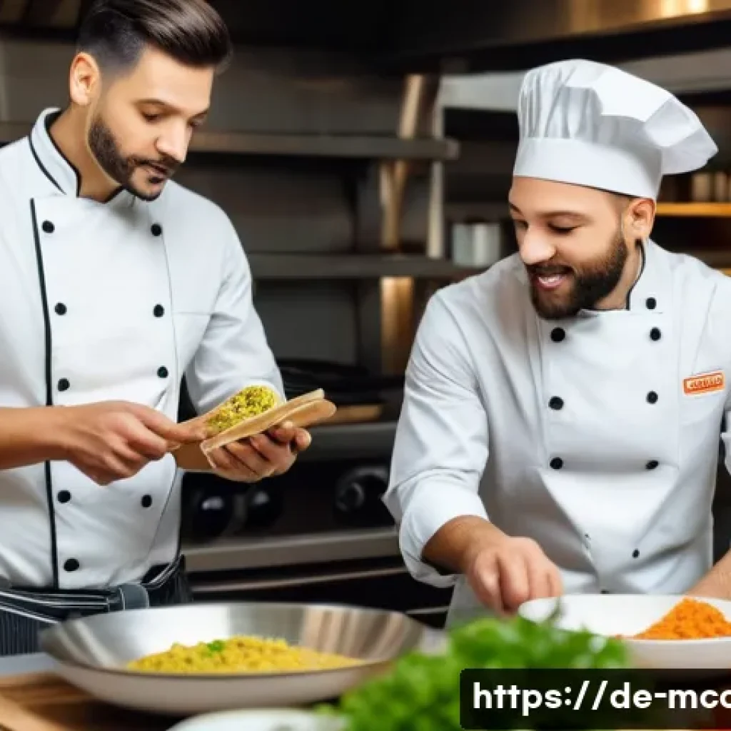 다문화 요리사의 해외 취업 사례 - A professional multicultural chef kitchen scene in a modern Berlin restaurant, featuring a diverse t...