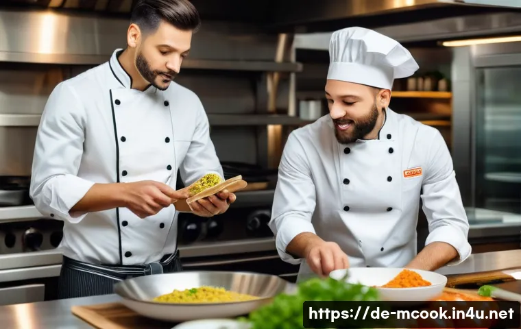다문화 요리사의 해외 취업 사례 - A professional multicultural chef kitchen scene in a modern Berlin restaurant, featuring a diverse t...