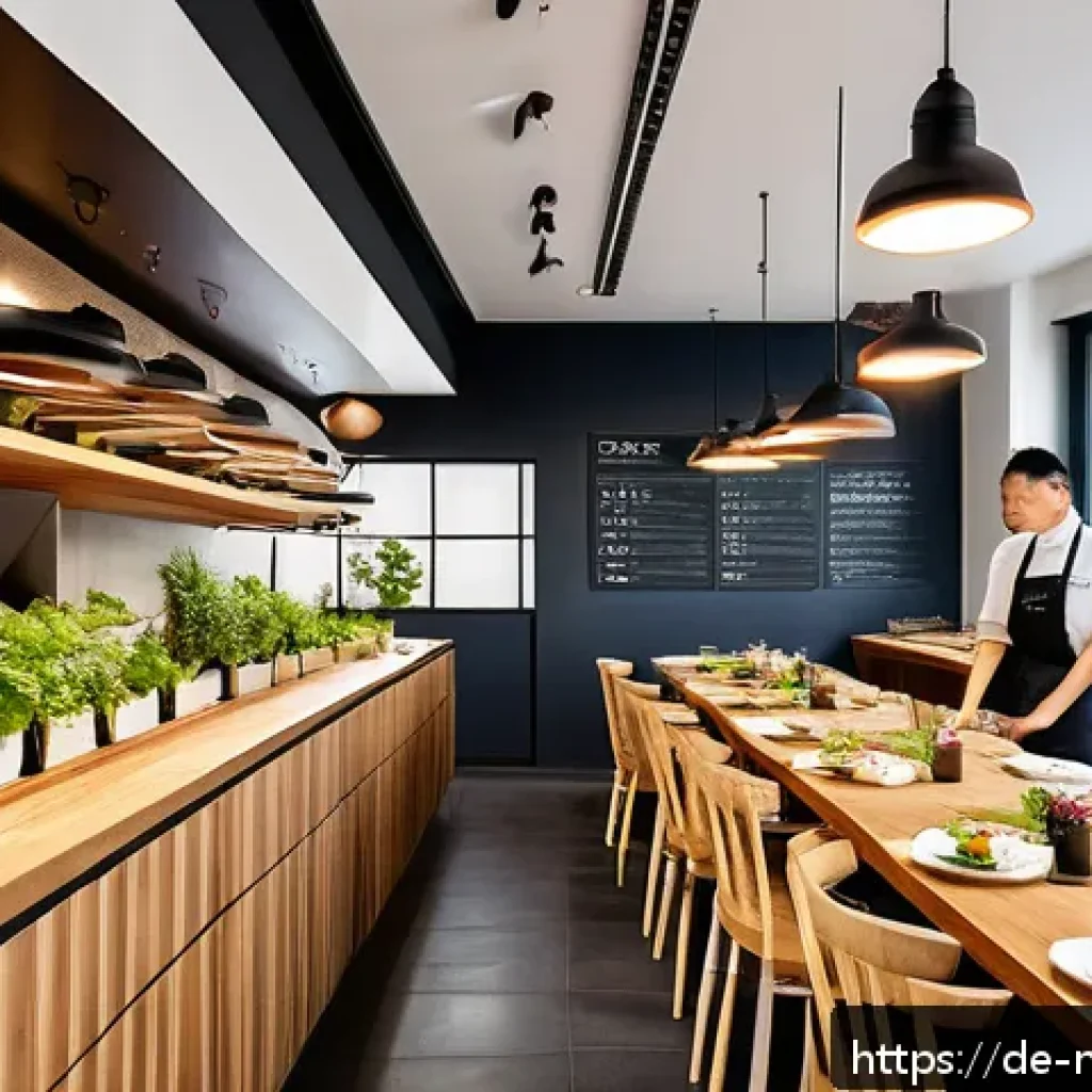 다문화 요리사와 한식 세계화 - A vibrant fusion restaurant interior in Berlin blending Korean traditional wooden elements with Scan...