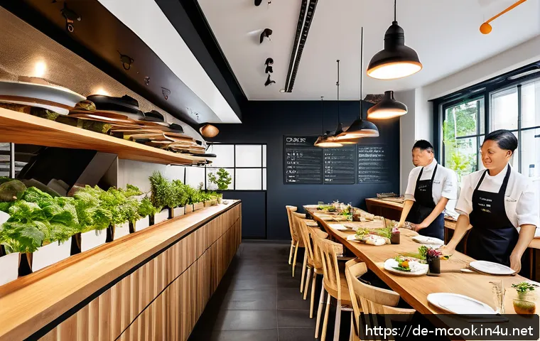 다문화 요리사와 한식 세계화 - A vibrant fusion restaurant interior in Berlin blending Korean traditional wooden elements with Scan...