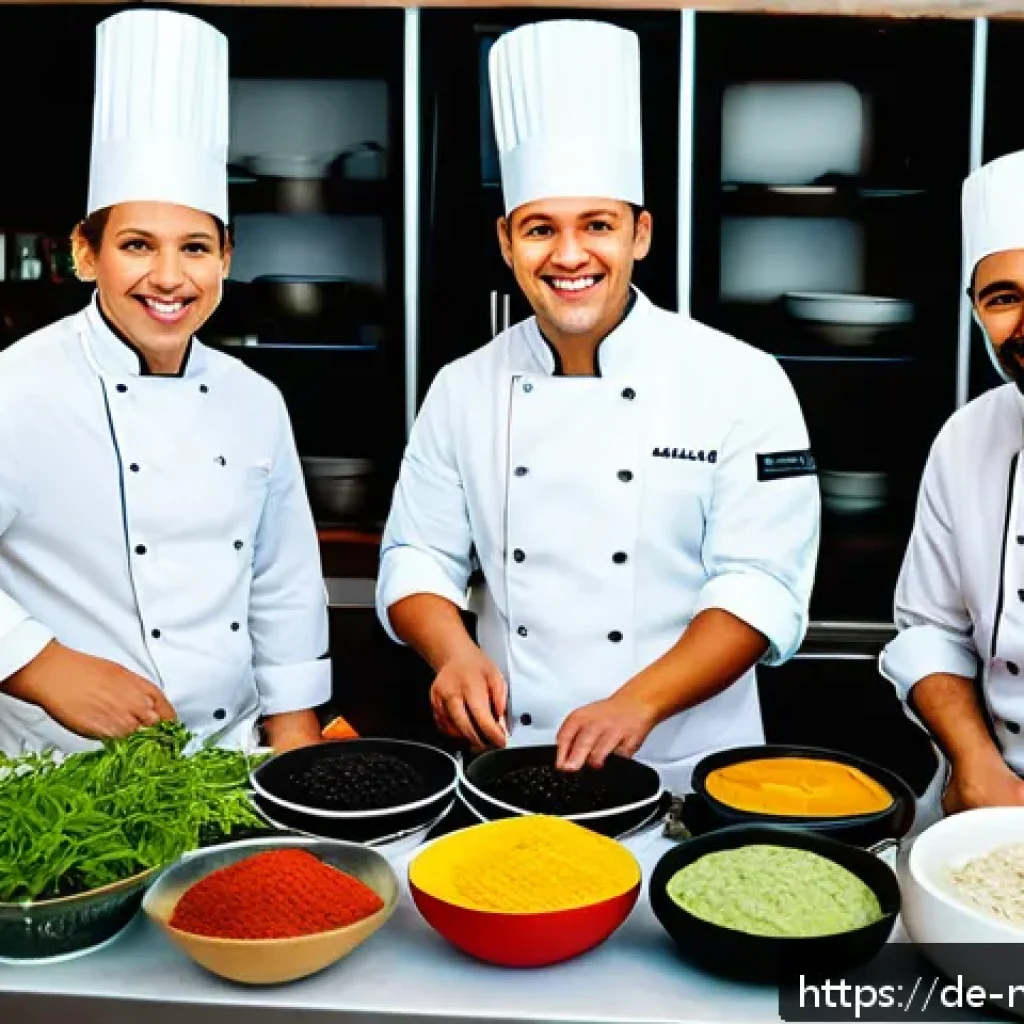 다문화 요리사 네트워킹 팁 - A vibrant international kitchen scene showing a diverse group of professional chefs from different c...