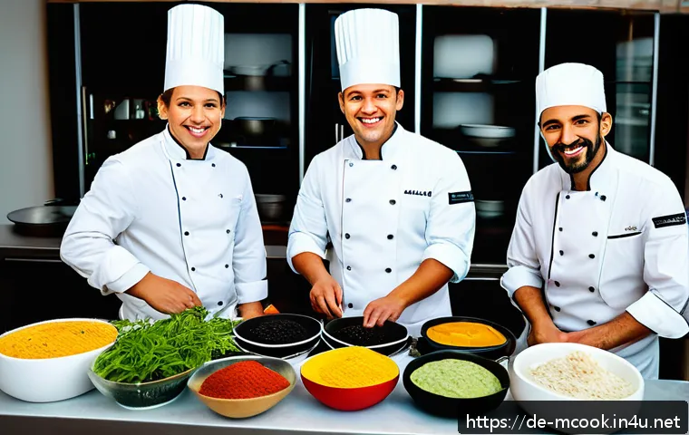 다문화 요리사 네트워킹 팁 - A vibrant international kitchen scene showing a diverse group of professional chefs from different c...