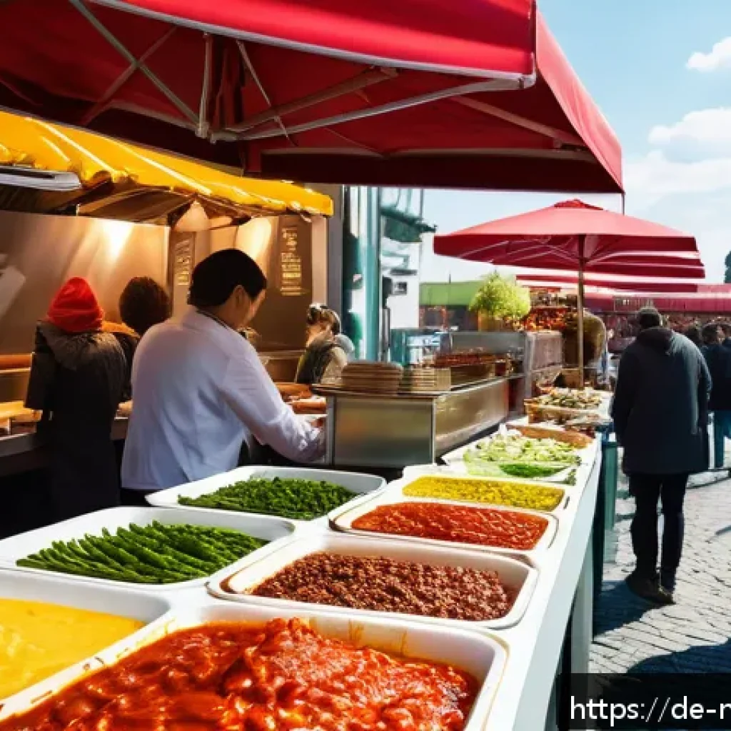 다문화 요리사의 음식 문화 교류 - A vibrant outdoor street food market in Berlin during a sunny afternoon, featuring multicultural foo...