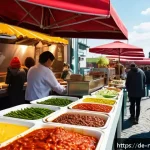다문화 요리사의 음식 문화 교류 - A vibrant outdoor street food market in Berlin during a sunny afternoon, featuring multicultural foo...