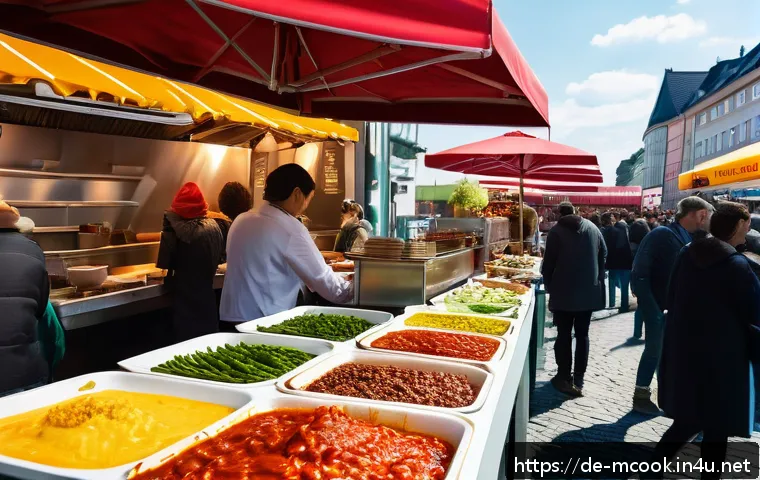 다문화 요리사의 음식 문화 교류 - A vibrant outdoor street food market in Berlin during a sunny afternoon, featuring multicultural foo...