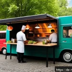 다문화 요리사의 글로벌 트렌드 해석 - A vibrant Berlin street food market scene showcasing a Turkish-Vietnamese fusion food truck with che...