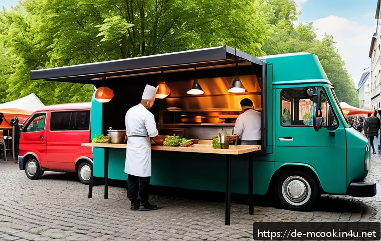 다문화 요리사의 글로벌 트렌드 해석 - A vibrant Berlin street food market scene showcasing a Turkish-Vietnamese fusion food truck with che...