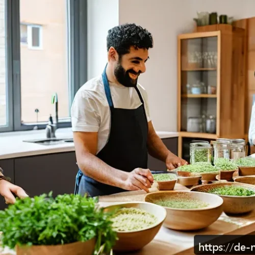 다문화 요리사의 강의 및 워크숍 사례 - A warm, inviting multicultural cooking workshop in Berlin featuring a diverse group of adults, inclu...
