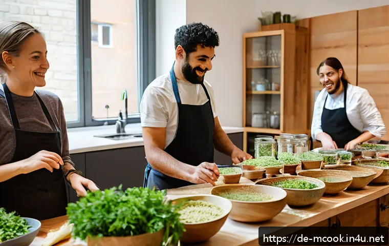 다문화 요리사의 강의 및 워크숍 사례 - A warm, inviting multicultural cooking workshop in Berlin featuring a diverse group of adults, inclu...