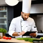 다문화 요리사 취업 포트폴리오 작성법 - A professional chef in a modern German kitchen preparing a multicultural dish, wearing clean, stylis...