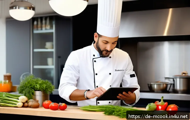 다문화 요리사 취업 포트폴리오 작성법 - A professional chef in a modern German kitchen preparing a multicultural dish, wearing clean, stylis...