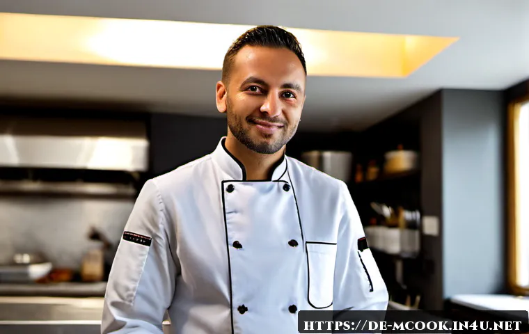 Home 30 다문화 요리사의 성공 스토리 - Photorealistic success-story portrait of a confident multicultural chef in a bright modern German re...