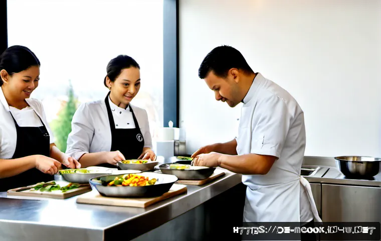 다문화 요리사와 요리의 심리학 - Photorealistic multicultural culinary team in a bright contemporary German restaurant kitchen, a Tur...